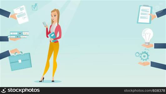 Caucasian hard working business woman. Hard working business woman surrounded by many hands that give her a lot of work. Concept of hard working. Vector flat design illustration. Horizontal layout.. Employee having lots of work to do.