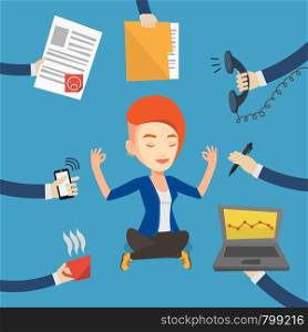 Caucasian hard working business woman. Young business woman surrounded by many hands that give her a lot of work. Concept of hard working. Vector flat design illustration. Square layout.. Business woman meditating in lotus position.
