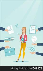 Caucasian hard working business woman. Young hard working business woman surrounded by many hands that give her a lot of work. Concept of hard working. Vector flat design illustration. Vertical layout. Employee having lots of work to do.