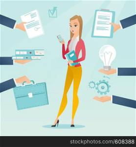 Caucasian hard working business woman. Young hard working business woman surrounded by many hands that give her a lot of work. Concept of hard working. Vector flat design illustration. Square layout.. Employee having lots of work to do.