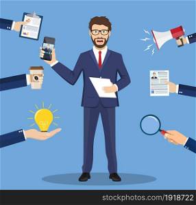 Caucasian hard working businessman. Businessman surrounded by many hands that give him a lot of work. Concept of hard working. Vector illustration in flat style. Caucasian hard working businessman.