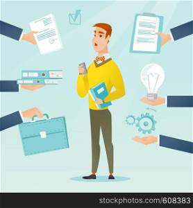 Caucasian hard working businessman. Businessman surrounded by many hands that give him a lot of work. Concept of hard working. Vector flat design illustration. Square layout.. Employee having lots of work to do.