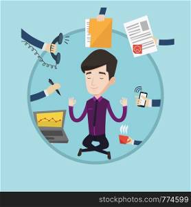 Caucasian hard working businessman. Businessman surrounded by many hands that give him a lot of work. Concept of hard working. Vector flat design illustration in the circle isolated on background.. Businessman meditating in lotus position.