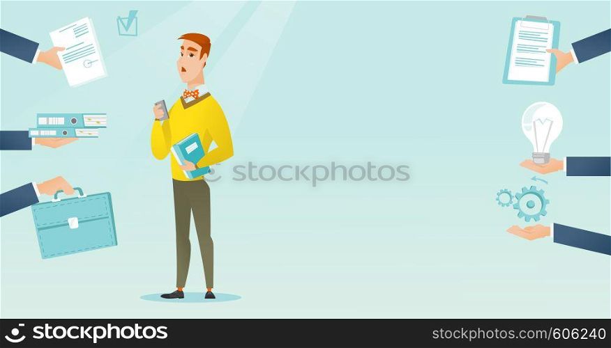 Caucasian hard working businessman. Young hard working businessman surrounded by many hands that give him a lot of work. Concept of hard working. Vector flat design illustration. Horizontal layout.. Employee having lots of work to do.