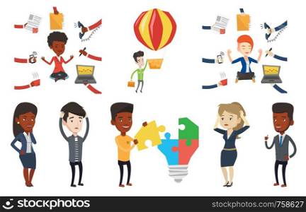 Caucasian hard working businesswoman meditating in lotus pose. Businesswoman surrounded by many hands that give her a lot of work. Set of vector flat design illustrations isolated on white background.. Vector set of business characters.