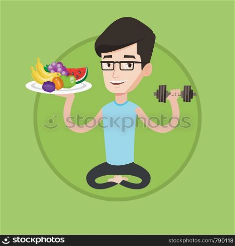 Caucasian healthy sportsman sitting with fruits and dumbbell. Young man choosing healthy lifestyle. Healthy lifestyle concept. Vector flat design illustration in the circle isolated on background.. Healthy man with fruits and dumbbell.