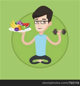 Caucasian healthy sportsman sitting with fruits and dumbbell. Young man choosing healthy lifestyle. Healthy lifestyle concept. Vector flat design illustration in the circle isolated on background.. Healthy man with fruits and dumbbell.