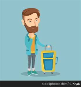 Caucasian hipster airplane passenger with beard waiting for a flight at the airport. Passenger with suitcase standing at the airport with a suitcase. Vector flat design illustration. Square layout. Young man waiting for flight at the airport.