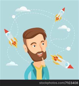 Caucasian hipster business man looking at flying start up rockets. Young man came up with an idea for a business start up. Business start up concept. Vector flat design illustration. Square layout.. Business start up vector illustration.