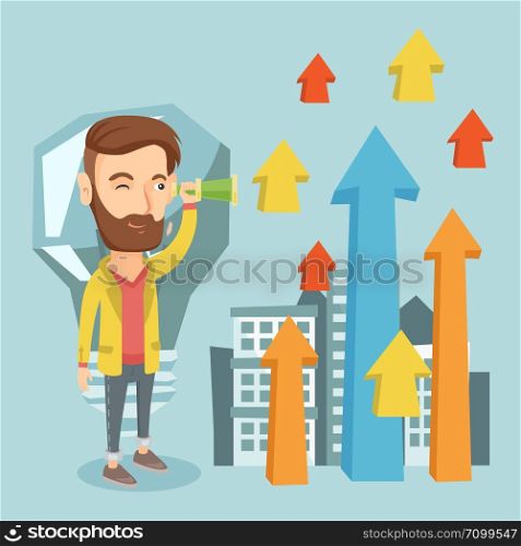 Caucasian hipster business man looking through spyglass at arrows going up and idea bulb. Business man looking for creative idea. Business idea concept. Vector flat design illustration. Square layout.. Man looking through spyglass on raising arrows.