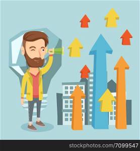 Caucasian hipster business man looking through spyglass at arrows going up and idea bulb. Business man looking for creative idea. Business idea concept. Vector flat design illustration. Square layout.. Man looking through spyglass on raising arrows.