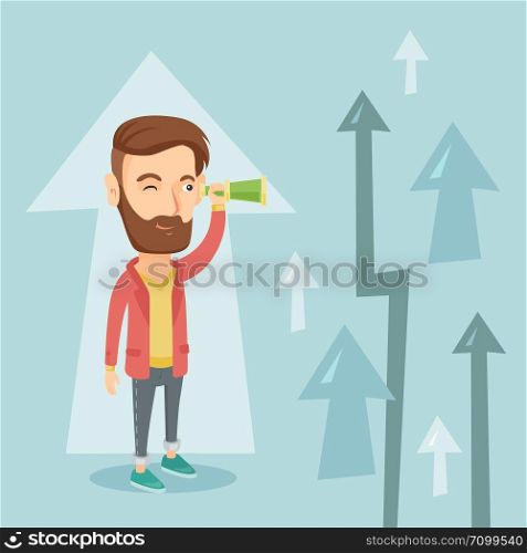 Caucasian hipster business man looking through spyglass on arrows going up symbolizing business opportunities. Business vision and opportunities concept. Vector flat design illustration. Square layout. Man looking through spyglass on raising arrows.