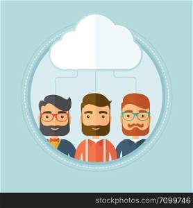 Caucasian hipster business people with the beard standing under a cloud. Concept of cloud computing, teamwork and brainstorming. Vector flat design illustration in the circle isolated on background.. Businessmen and cloud computing technologies.