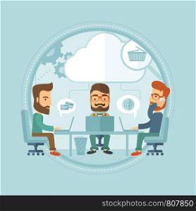Caucasian hipster business people working together, using laptops in office. Cloud computing, teamwork and brainstorm concept. Vector flat design illustration in the circle isolated on background.. Business team brainstorming vector illustration.