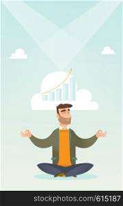 Caucasian hipster businessman doing yoga in lotus position and thinking about the growth graph. Peaceful businessman meditating in yoga lotus position. Vector flat design illustration. Vertical layout. Peaceful business woman doing yoga.