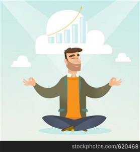 Caucasian hipster businessman doing yoga in lotus position and thinking about the growth graph. Peaceful businessman meditating in yoga lotus position. Vector flat design illustration. Square layout.. Peaceful business woman doing yoga.