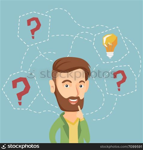 Caucasian hipster businessman having creative idea. Business man standing with question marks and idea light bulb above his head. Business idea concept. Vector flat design illustration. Square layout.. Caucasian businessman having business idea.