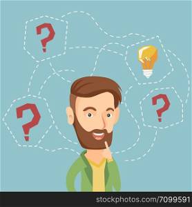Caucasian hipster businessman having creative idea. Business man standing with question marks and idea light bulb above his head. Business idea concept. Vector flat design illustration. Square layout.. Caucasian businessman having business idea.