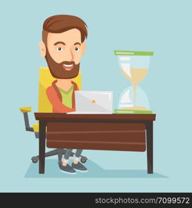 Caucasian hipster businessman sitting at the table with hourglass symbolizing deadline. Businessman coping with deadline successfully. Deadline concept. Vector flat design illustration. Square layout.. Caucasian business man working in office.