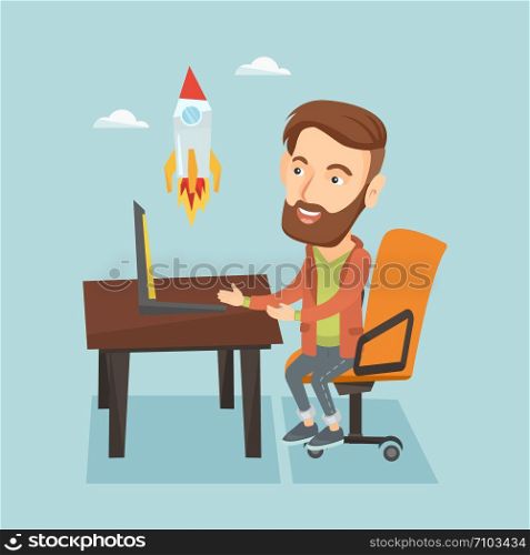 Caucasian hipster businessman with beard looking at business start up rocket. Businessman working on a business start up. Business start up concept. Vector flat design illustration. Square layout.. Business start up vector illustration.