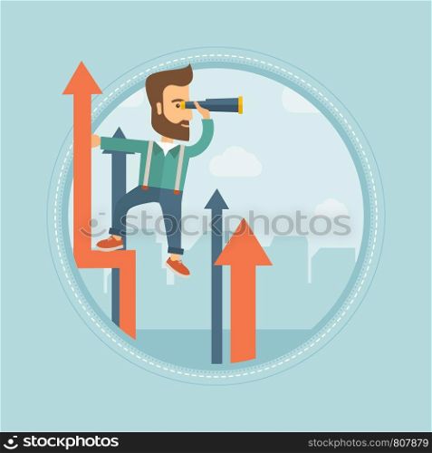 Caucasian hipster businessman with beard standing on the top of arrow and looking through spyglass. Concept of business vision. Vector flat design illustration in the circle isolated on background.. Businesssman with spyglass on rising arrow.