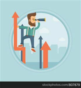 Caucasian hipster businessman with beard standing on the top of arrow and looking through spyglass. Concept of business vision. Vector flat design illustration in the circle isolated on background.. Businesssman with spyglass on rising arrow.