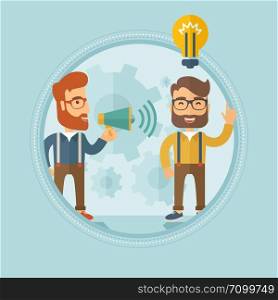 Caucasian hipster businessman with the beard speaking to megaphone and making announcement for business idea. Concept of business idea and announcement. Vector line design illustration. Square layout.. Announcement for business idea vector illustration