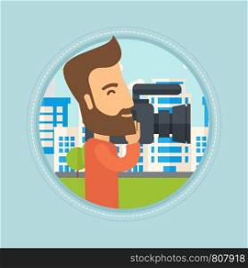 Caucasian hipster cameraman looking through movie camera. Man with professional video camera in city. Cameraman shooting outdoor. Vector flat design illustration in the circle isolated on background.. Cameraman with video camera vector illustration.