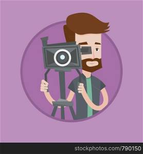 Caucasian hipster cameraman with beard looking through video camera on a tripod. Young cameraman with professional video camera. Vector flat design illustration in the circle isolated on background.. Cameraman with movie camera on tripod.