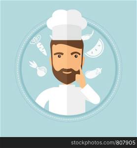 Caucasian hipster chief-cooker with beard pointing forefinger up. Chef in uniform thinking about the recipe. Chef having an idea. Vector flat design illustration in the circle isolated on background.. Chief cooker having new idea about the recipe.