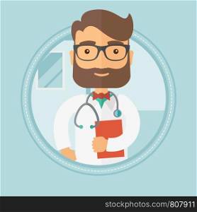 Caucasian hipster doctor with stethoscope and a file in hospital. Male doctor carrying folder of patient or medical information. Vector flat design illustration in the circle isolated on background.. Doctor with stethoscope and file.