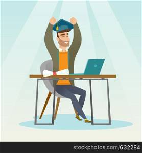 Caucasian hipster graduate sitting at the table with laptop and diploma. Graduate in graduation cap using laptop for education. Online graduation concept. Vector flat design illustration Square layout. Student using laptop for education.