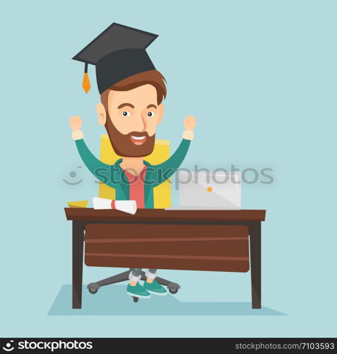 Caucasian hipster graduate sitting at the table with laptop and diploma. Graduate in graduation cap using laptop for education. Online graduation concept. Vector flat design illustration Square layout. Student using laptop for education.