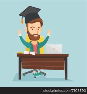 Caucasian hipster graduate sitting at the table with laptop and diploma. Graduate in graduation cap using laptop for education. Online graduation concept. Vector flat design illustration Square layout. Student using laptop for education.