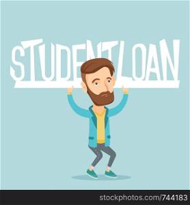 Caucasian hipster man holding a heavy sign of student loan. Young tired man carrying heavy sign - student loan. Concept of the high cost of student loan. Vector flat design illustration. Square layout. Young man holding sign of student loan.