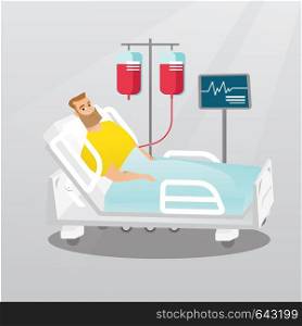 Caucasian hipster man lying in bed in a hospital. Patient resting in hospital bed with a heart rate monitor. Patient during blood transfusion procedure. Vector flat design illustration. Square layout.. Man lying in hospital bed vector illustration.