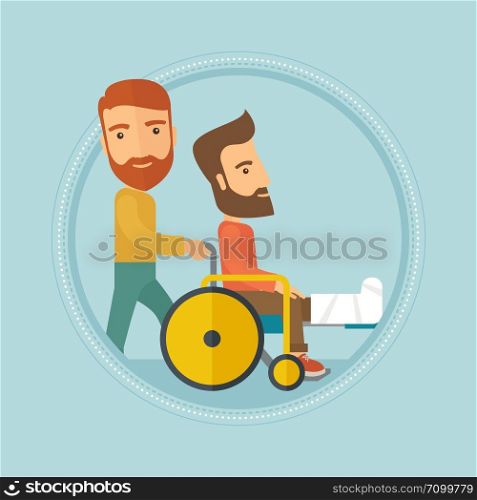 Caucasian hipster man pushing wheelchair with patient with broken leg. An injured man with fractured leg sitting in wheelchair. Vector flat design illustration in the circle isolated on background.. Man pushing wheelchair with patient.