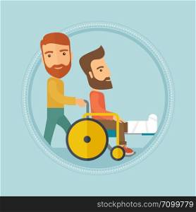 Caucasian hipster man pushing wheelchair with patient with broken leg. An injured man with fractured leg sitting in wheelchair. Vector flat design illustration in the circle isolated on background.. Man pushing wheelchair with patient.