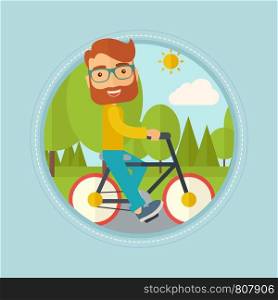 Caucasian hipster man riding a bicycle in the park. Cyclist riding bike on forest road. Man on a bike outdoors. Lifestyle concept. Vector flat design illustration in the circle isolated on background.. Man riding bicycle in the park vector illustration