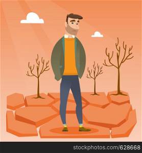 Caucasian hipster man standing in the desert. Frustrated young man standing on cracked earth in the desert. Concept of climate change and global warming. Vector flat design illustration. Square layout. Sad man in the desert vector illustration.