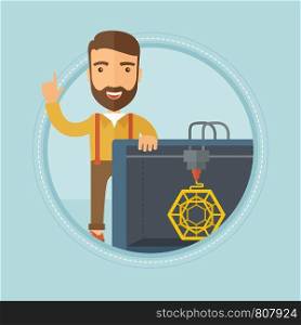 Caucasian hipster man standing near 3D printer and pointing forefinger up. Engineer using 3D printer. Man working with 3D printer. Vector flat design illustration in the circle isolated on background.. Man with three D printer vector illustration.