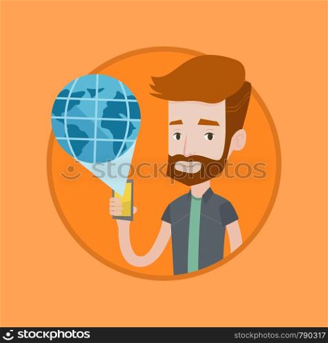 Caucasian hipster man using global network. Man holding a smartphone with a virtual globe model. Global communication concept. Vector flat design illustration in the circle isolated on background.. International technology communication.