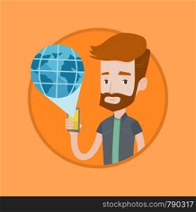 Caucasian hipster man using global network. Man holding a smartphone with a virtual globe model. Global communication concept. Vector flat design illustration in the circle isolated on background.. International technology communication.
