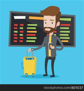 Caucasian hipster man waiting for a flight at the airport. Passenger holding passport and airplane ticket. Man with suitcase standing at the airport. Vector flat design illustration. Square layout.. Man with suitcase and ticket at the airport.