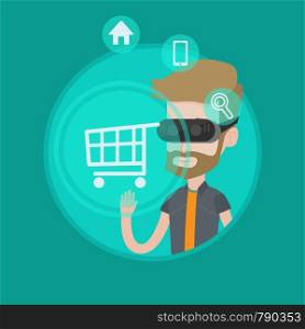 Caucasian hipster man wearing virtual reality headset and looking at shopping cart. Virtual reality and shopping online concept. Vector flat design illustration in the circle isolated on background.. Man in virtual reality headset shopping online.