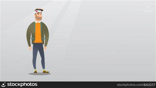 Caucasian hipster man with bandages over his head. Sad injured man with a bandaged head. Full length of a young wounded man. Vector flat design illustration. Horizontal layout.. Man with an injured head vector illustration.