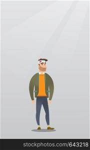 Caucasian hipster man with bandages over his head. Sad injured man with a bandaged head. Full length of a young wounded man. Vector flat design illustration. Vertical layout.. Man with an injured head vector illustration.