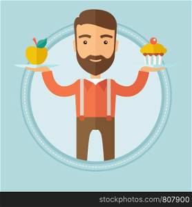 Caucasian hipster man with beard choosing between apple and cupcake. Young man choosing between healthy and unhealthy nutrition. Vector flat design illustration in the circle isolated on background.. Man choosing between apple and cupcake.