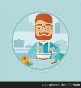 Caucasian hipster man with beard cooking vegetable salad in kitchen at home. Man adding salt or spices in a fresh healthy salad. Vector flat design illustration in the circle isolated on background.. Man putting salt in salad vector illustration.
