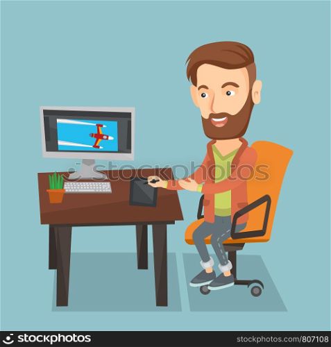 Caucasian hipster man with beard drawing on graphics tablet. Young graphic designer using a digital graphics tablet, computer and pen. Vector flat design illustration. Square layout.. Designer using digital graphics tablet.